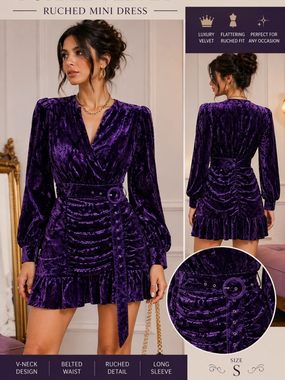 Purple Velvet Ruched Mini Dress Belted V-Neck Long Sleeve Party S